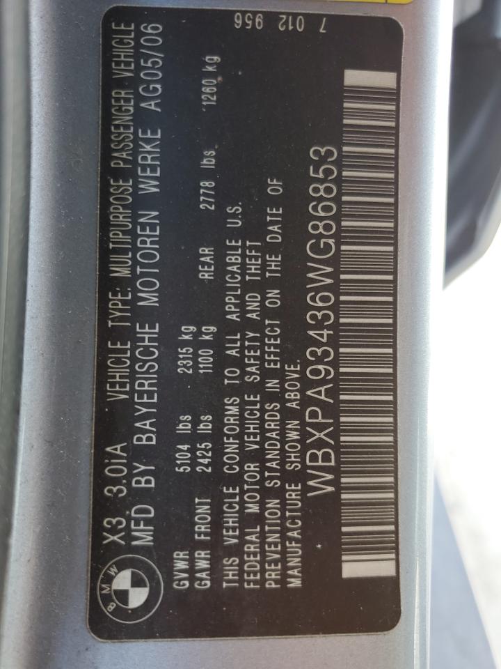 2006 BMW X3 3.0I VIN: WBXPA93436WG86853 Lot: 65793214