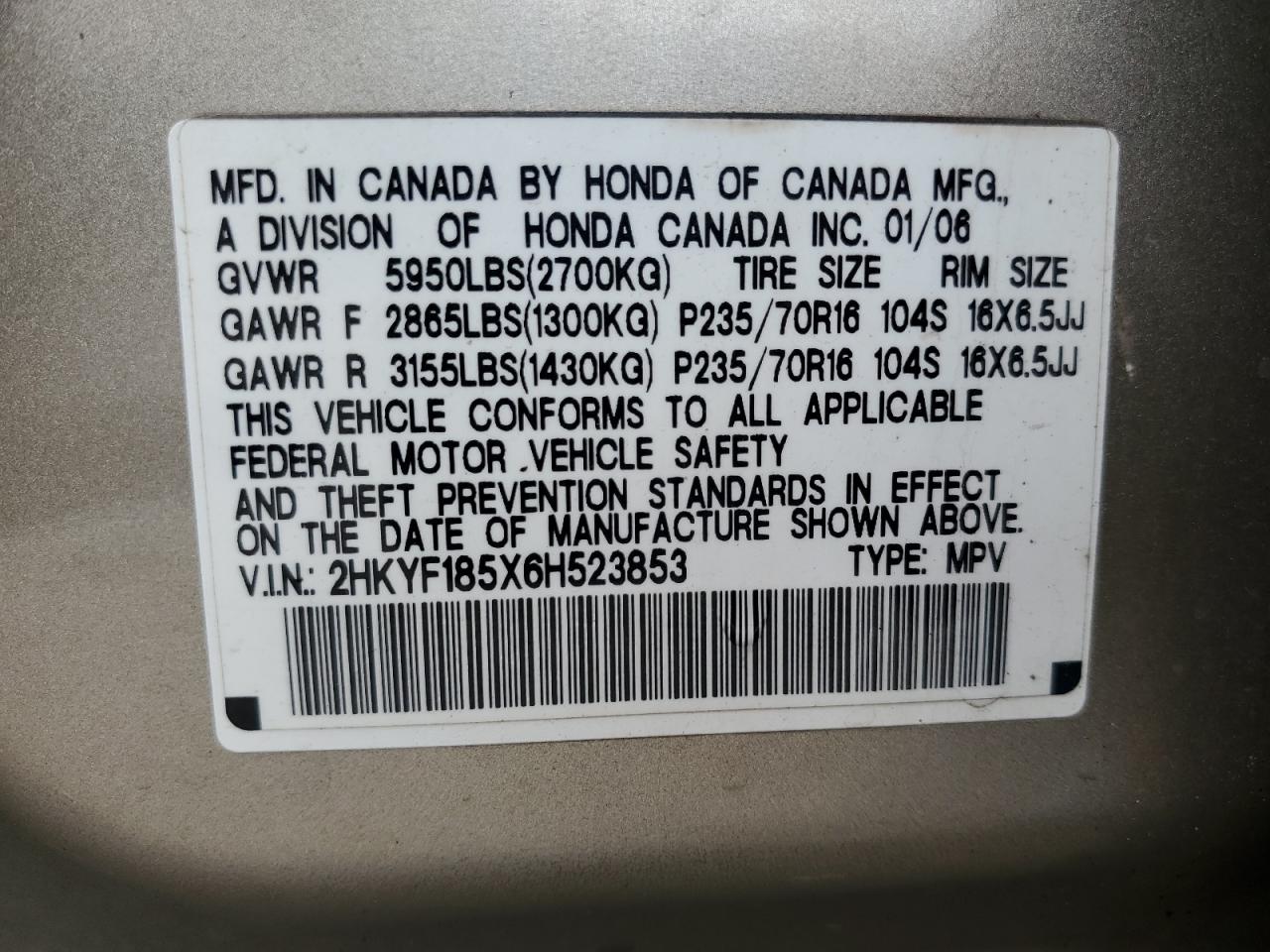 2006 Honda Pilot Ex VIN: 2HKYF185X6H523853 Lot: 67886404
