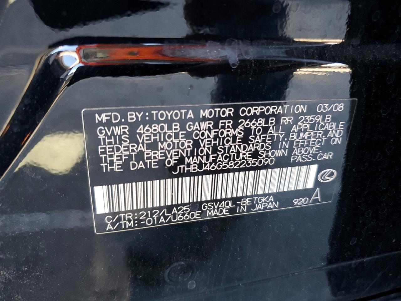 2008 Lexus Es 350 VIN: JTHBJ46G582235090 Lot: 67332504