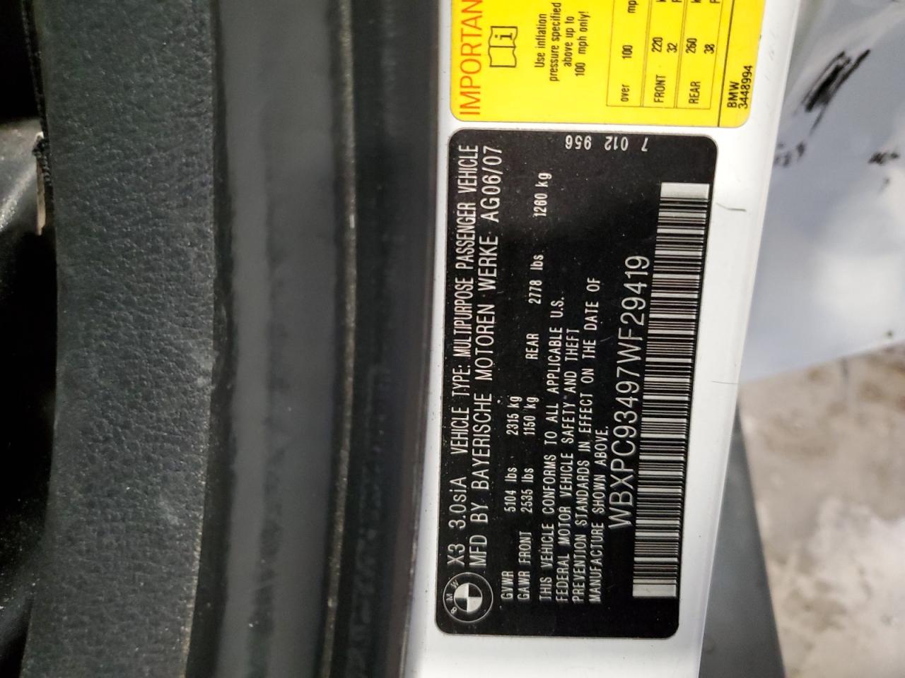 2007 BMW X3 3.0Si VIN: WBXPC93497WF29419 Lot: 65980114