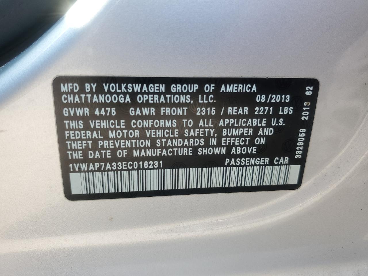 1VWAP7A33EC016231 2014 Volkswagen Passat S