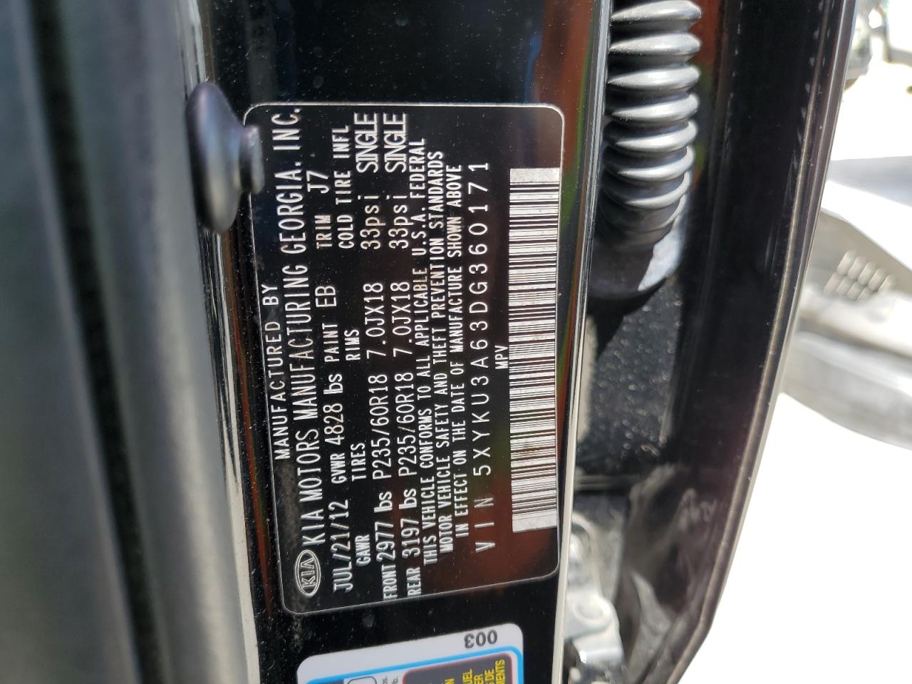 2013 Kia Sorento Ex VIN: 5XYKU3A63DG360171 Lot: 65710804