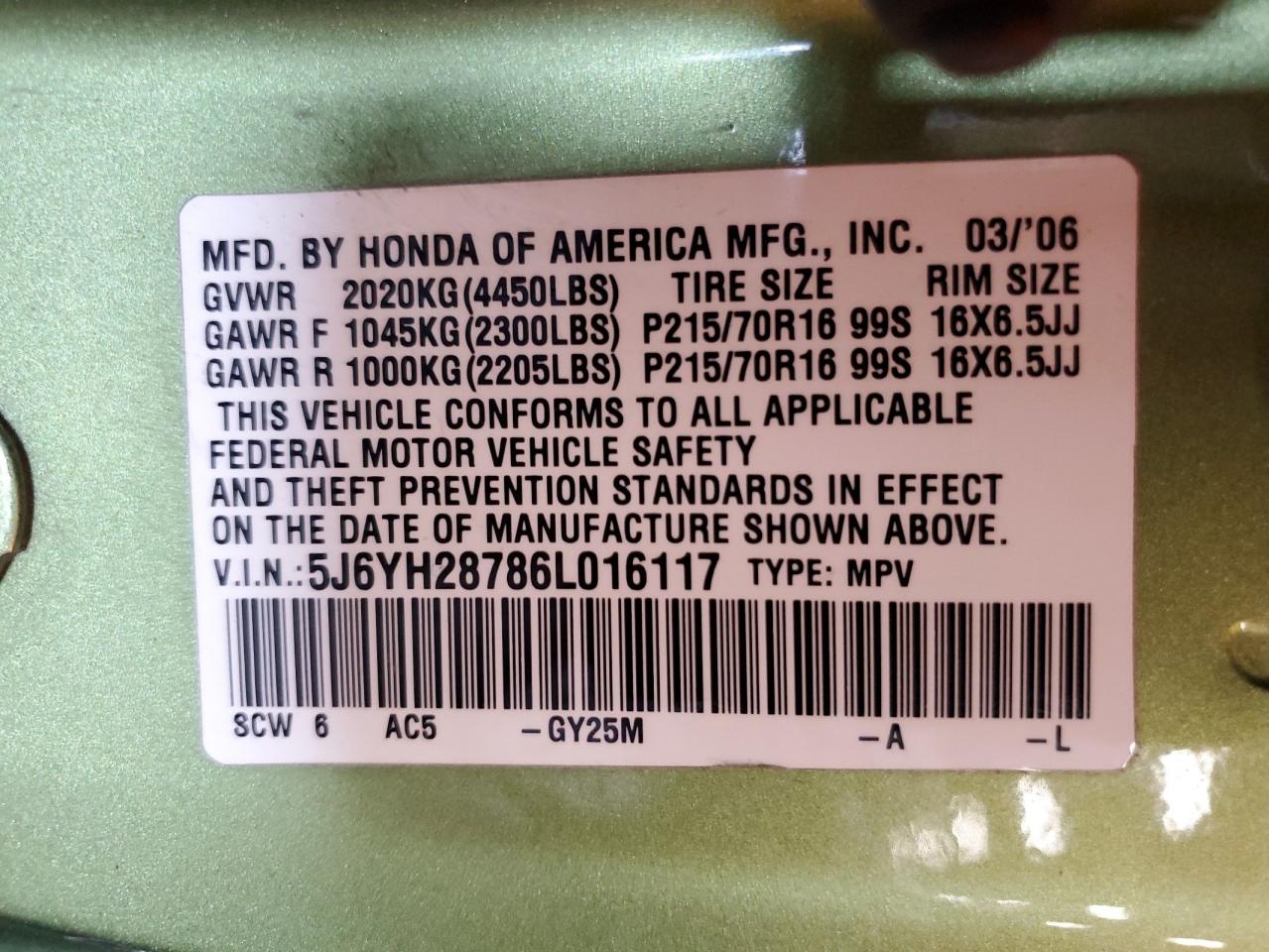 2006 Honda Element Ex VIN: 5J6YH28786L016117 Lot: 65426054