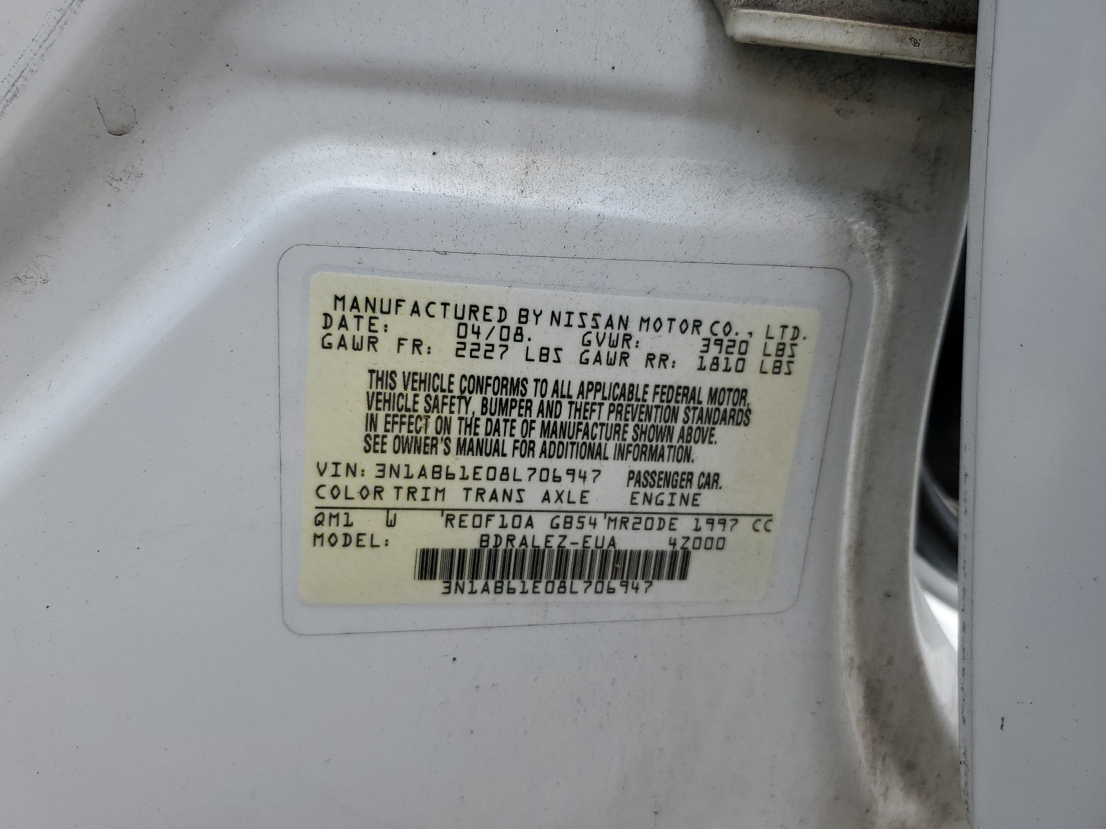 3N1AB61E08L706947 2008 Nissan Sentra 2.0
