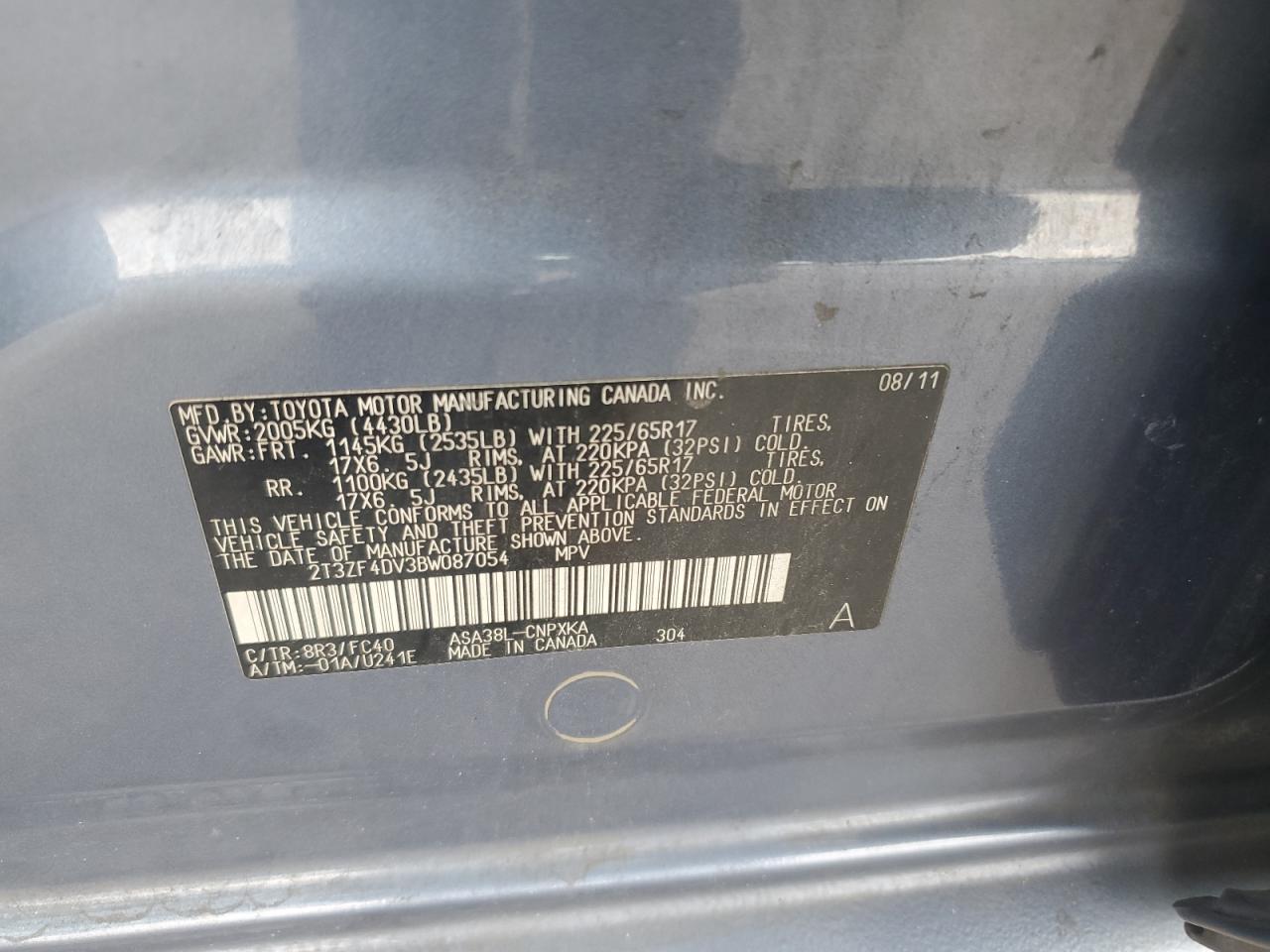 2011 Toyota Rav4 VIN: 2T3ZF4DV3BW087054 Lot: 66923794