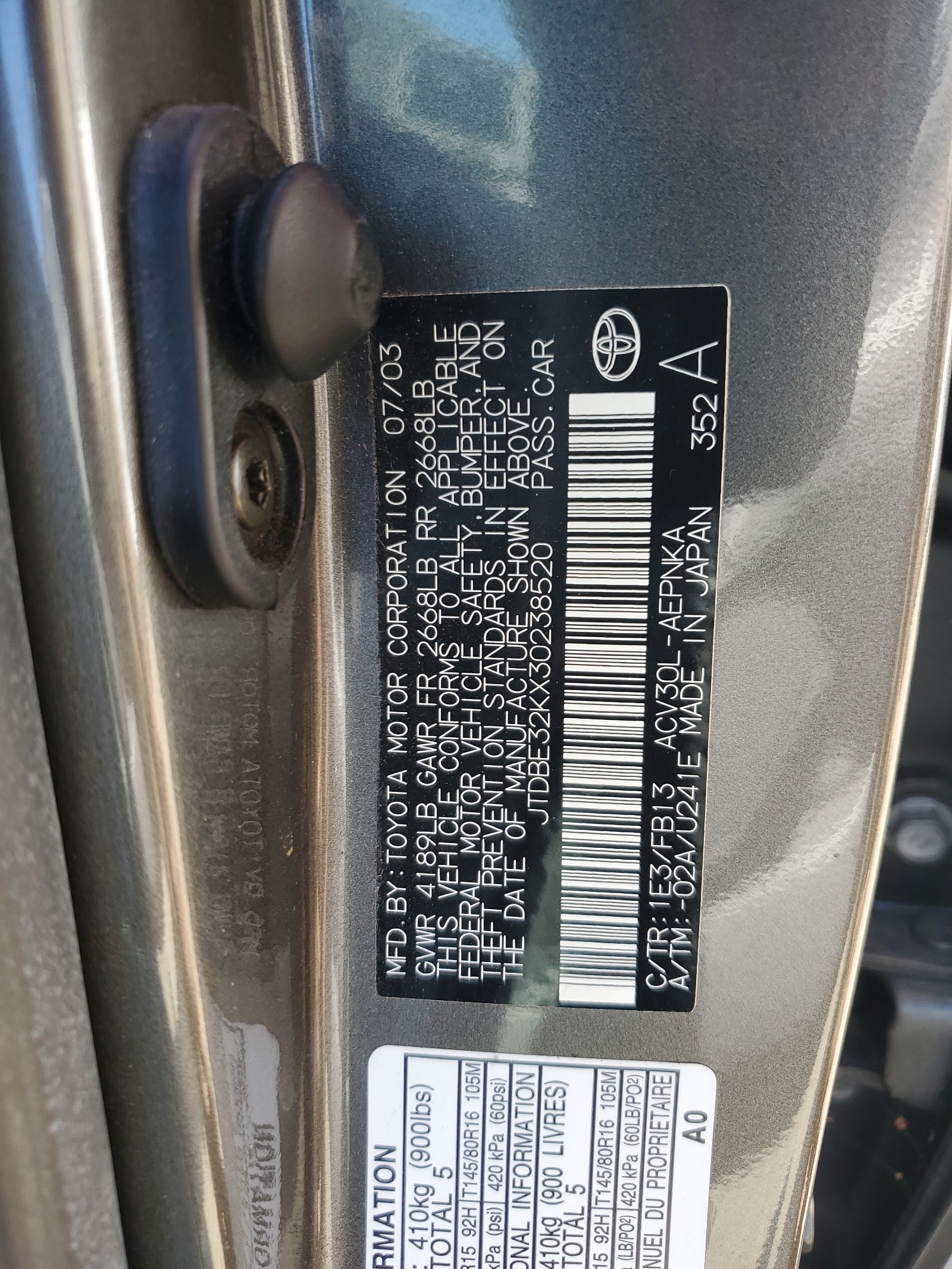 JTDBE32KX30238520 2003 Toyota Camry Le