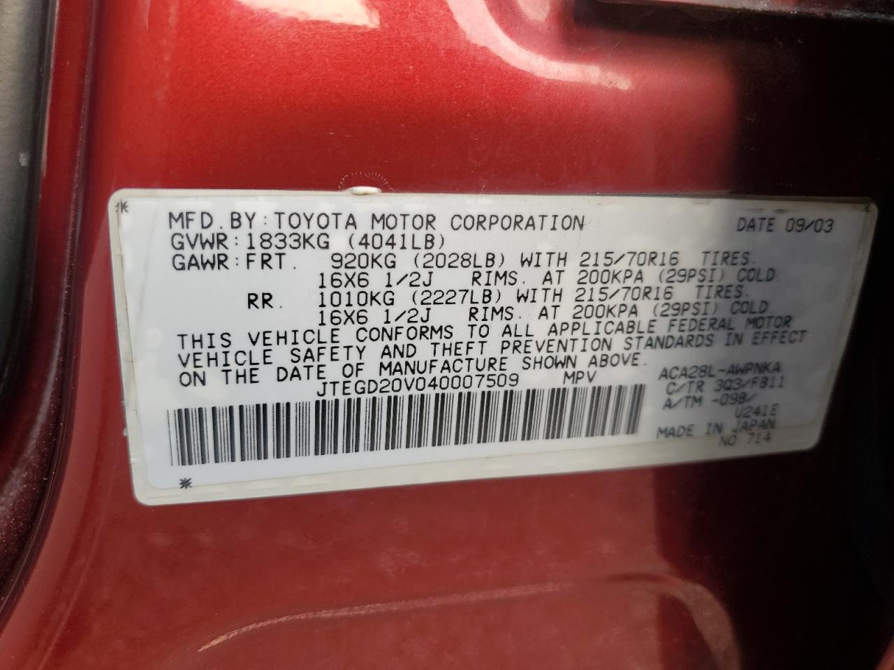 2004 Toyota Rav4 VIN: JTEGD20V040007509 Lot: 66082884