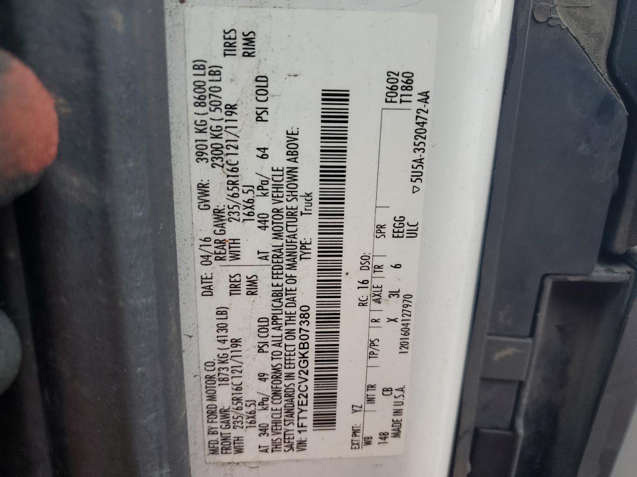 2016 Ford Transit T-150 VIN: 1FTYE2CV2GKB07380 Lot: 65618694