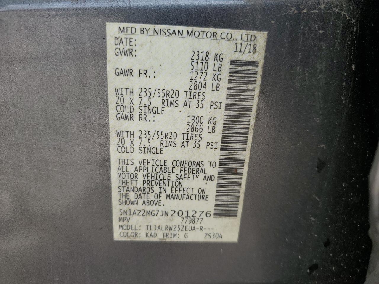 2018 Nissan Murano S VIN: 5N1AZ2MG7JN201276 Lot: 64571594