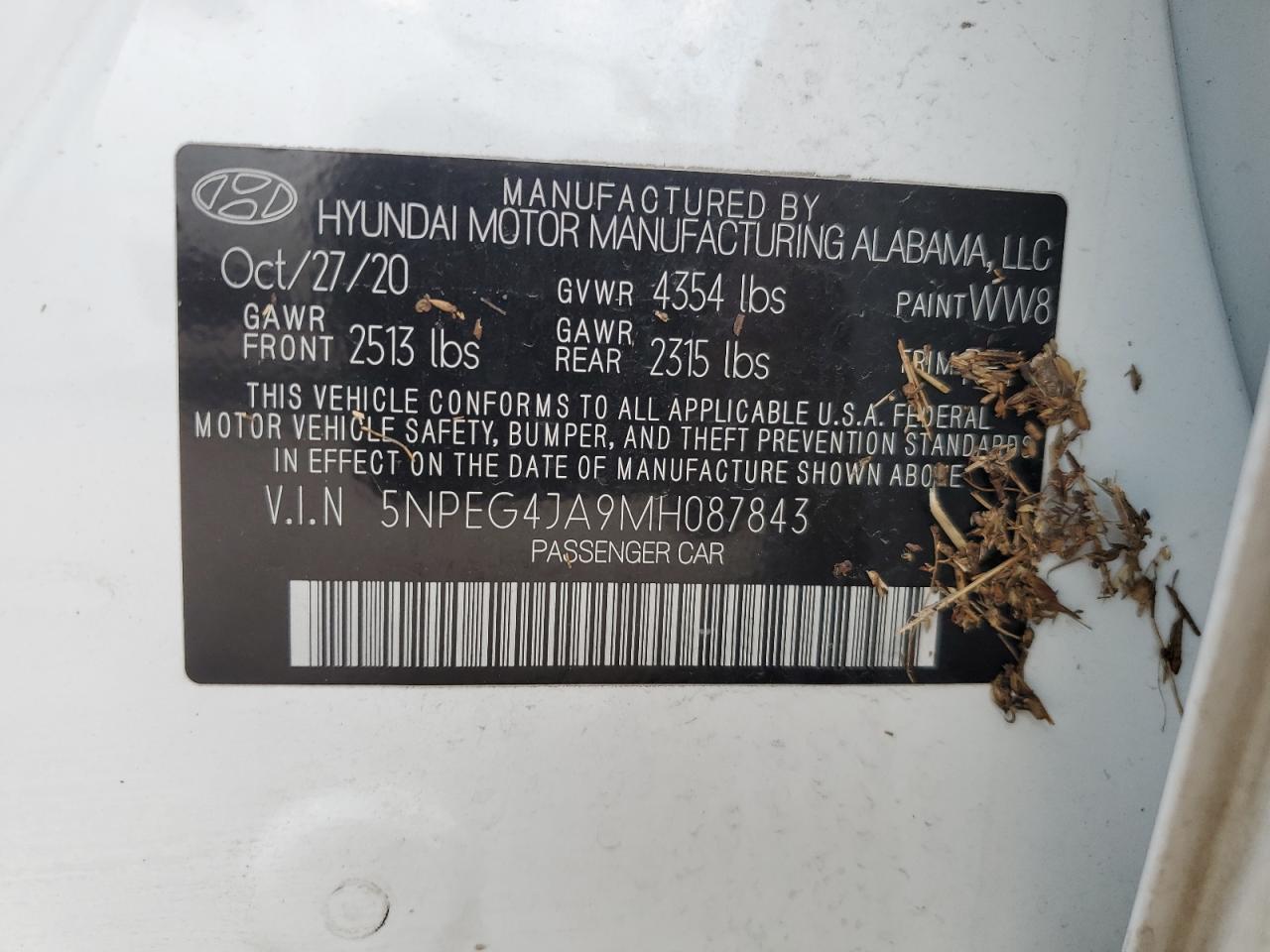 2021 Hyundai Sonata Se VIN: 5NPEG4JA9MH087843 Lot: 67044414