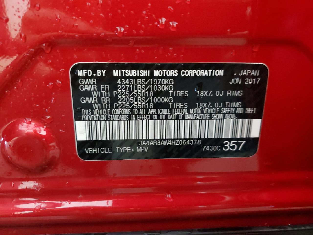 2017 Mitsubishi Outlander Sport Es VIN: JA4AR3AW4HZ064378 Lot: 66891924