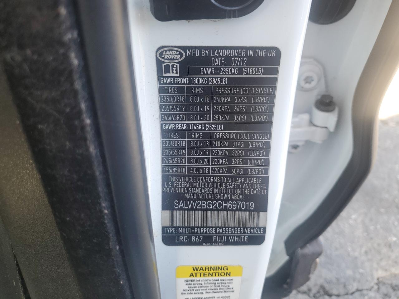 2012 Land Rover Range Rover Evoque Prestige Premium VIN: SALVV2BG2CH697019 Lot: 69088404