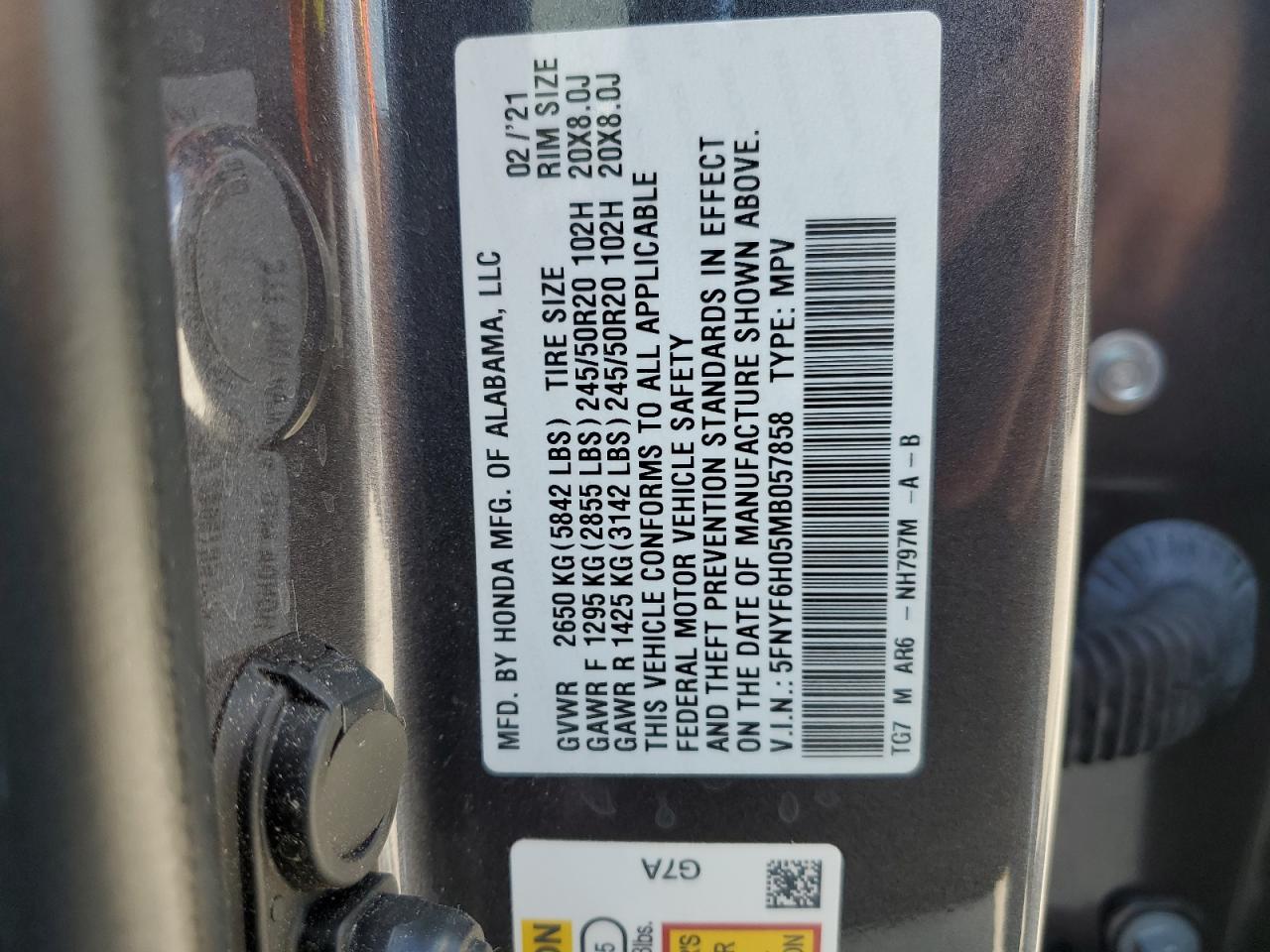 5FNYF6H05MB057858 2021 Honda Pilot Elite