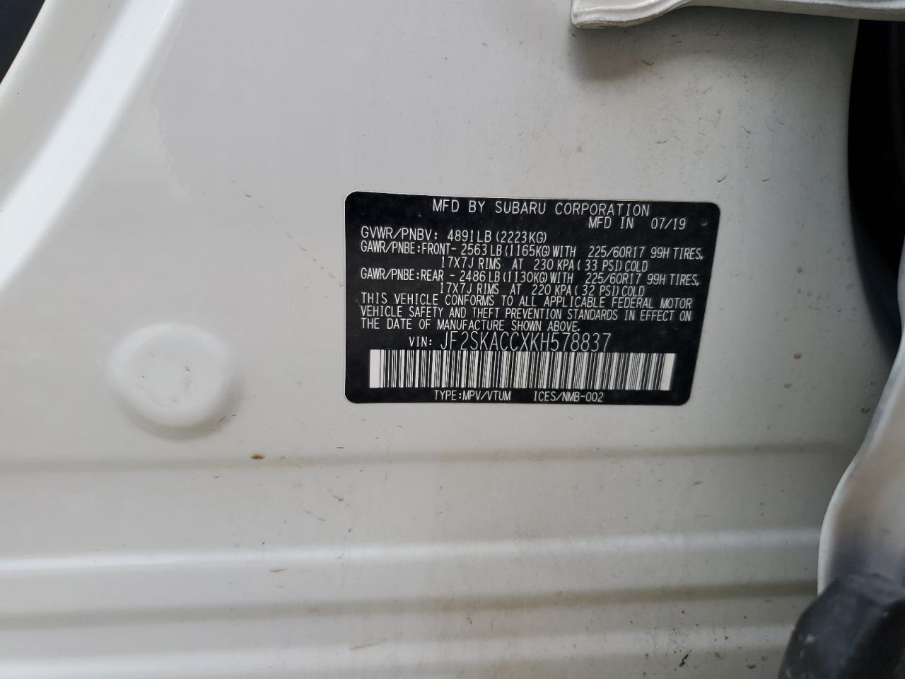 2019 Subaru Forester VIN: JF2SKACCXKH578837 Lot: 66970814