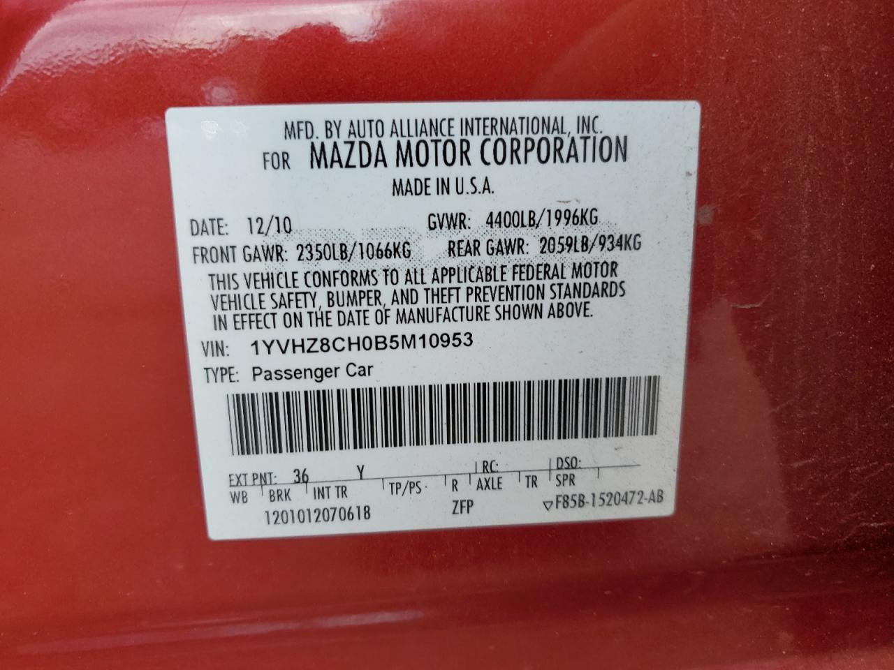 1YVHZ8CH0B5M10953 2011 Mazda 6 I