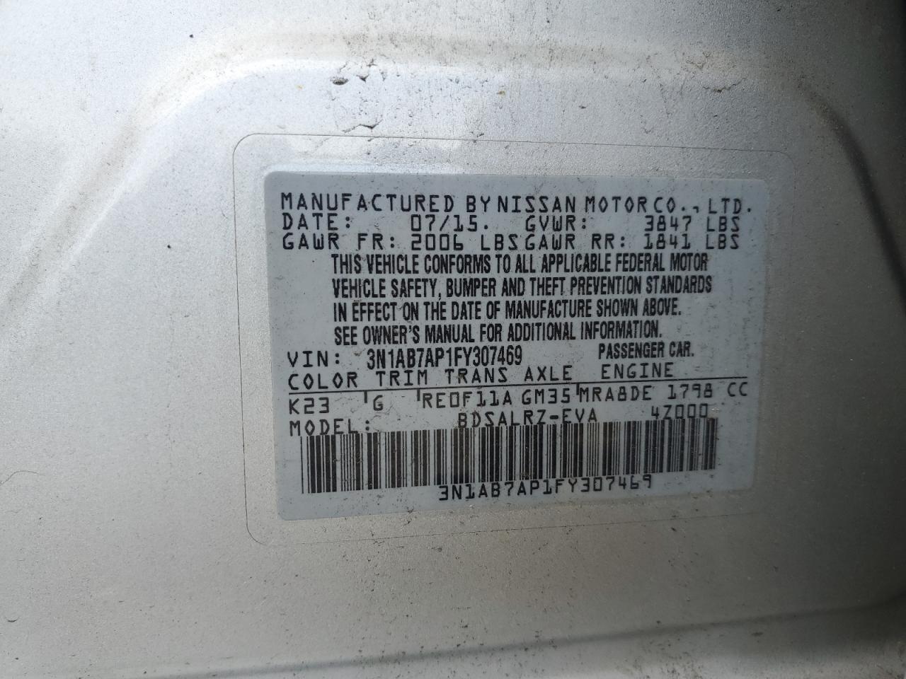 3N1AB7AP1FY307469 2015 Nissan Sentra S