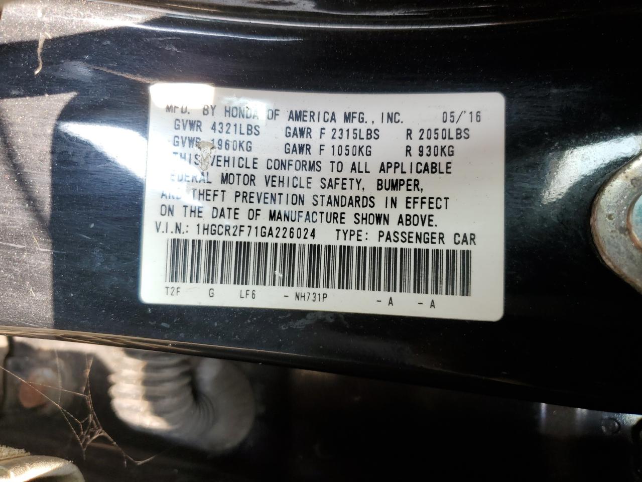 1HGCR2F71GA226024 2016 Honda Accord Ex