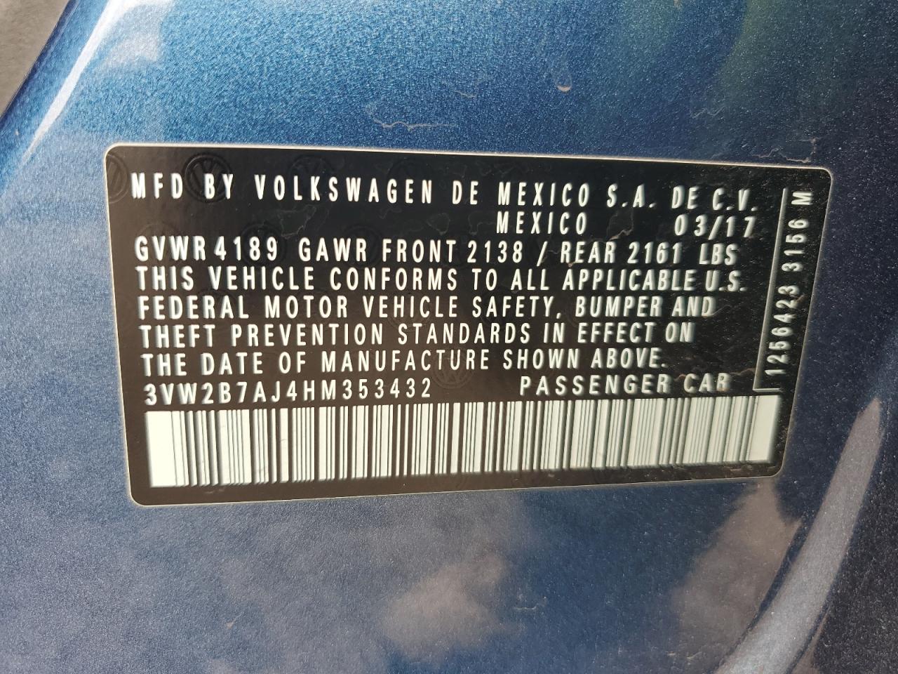 2017 Volkswagen Jetta S VIN: 3VW2B7AJ4HM353432 Lot: 64850494