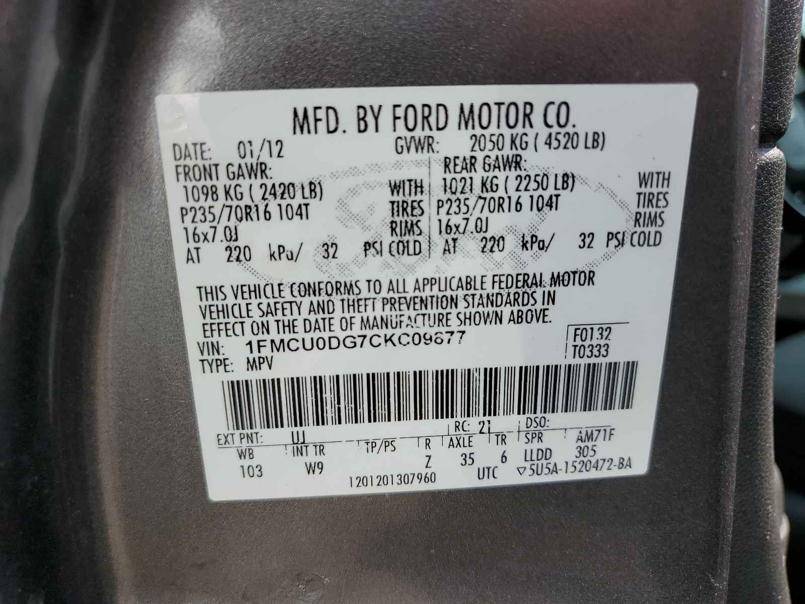 2012 Ford Escape Xlt vin: 1FMCU0DG7CKC09877