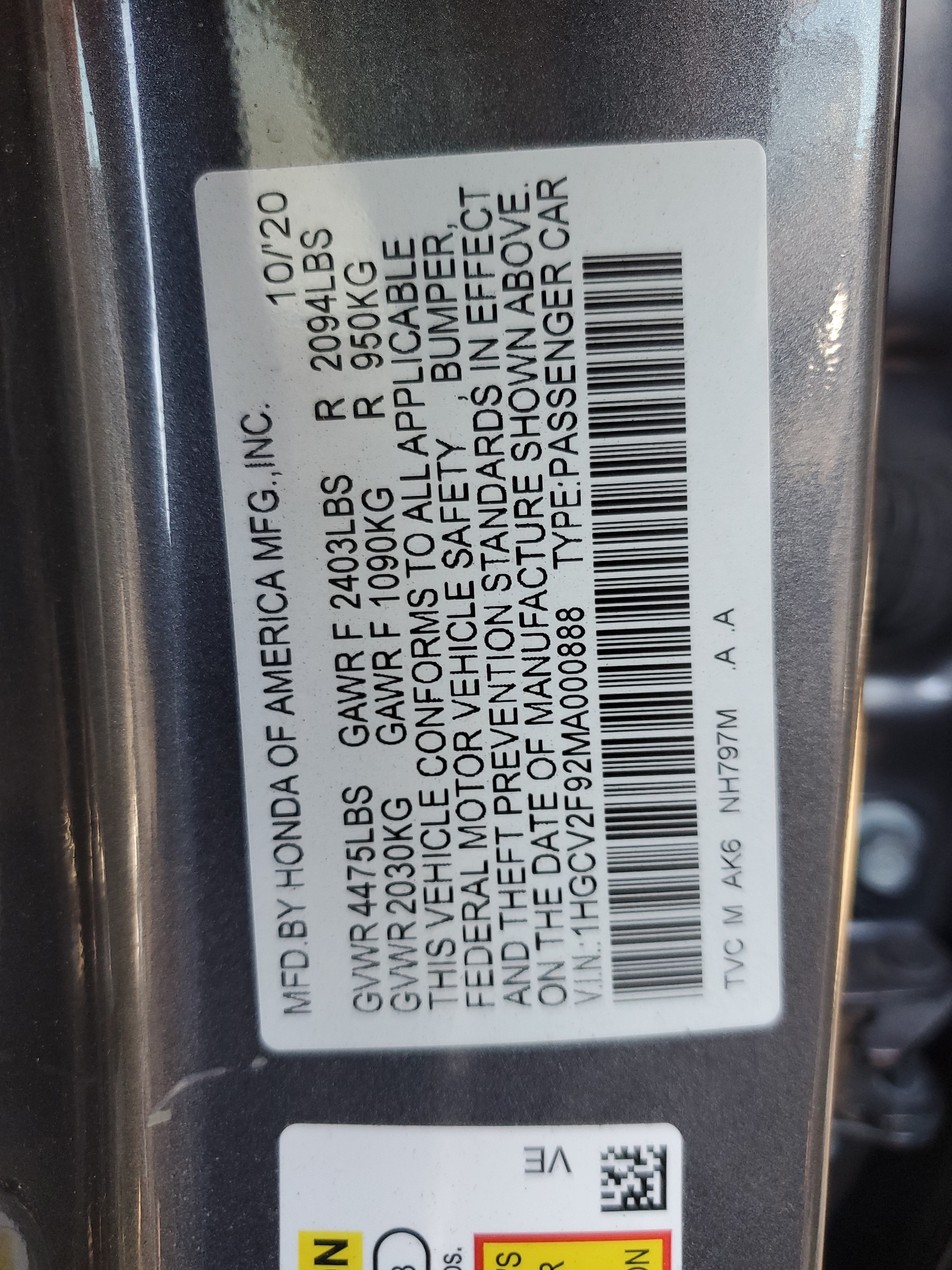 1HGCV2F92MA000888 2021 Honda Accord Touring