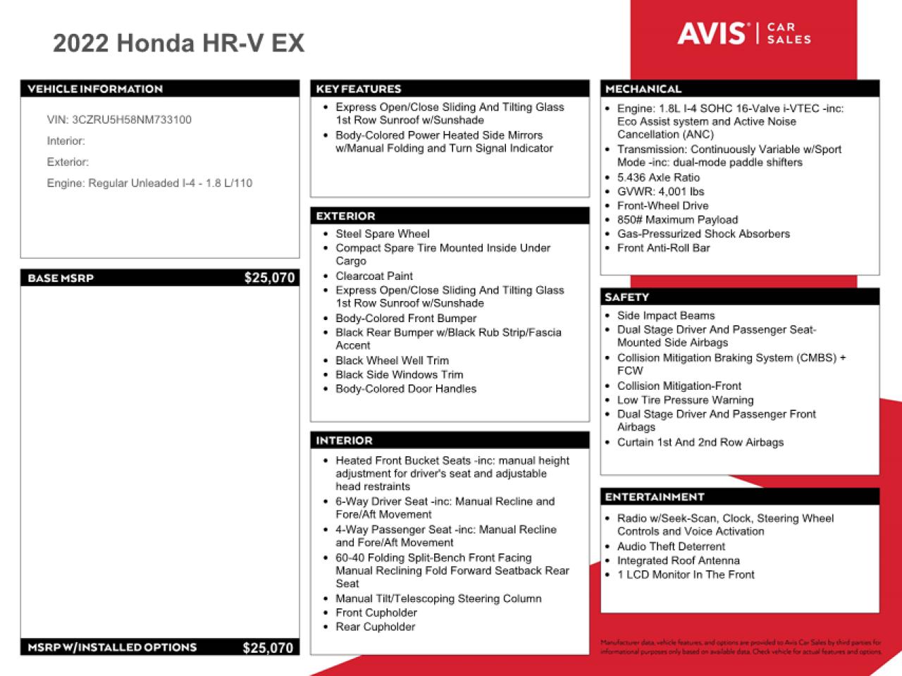 2022 Honda Hr-V Ex VIN: 3CZRU5H58NM733100 Lot: 67130694