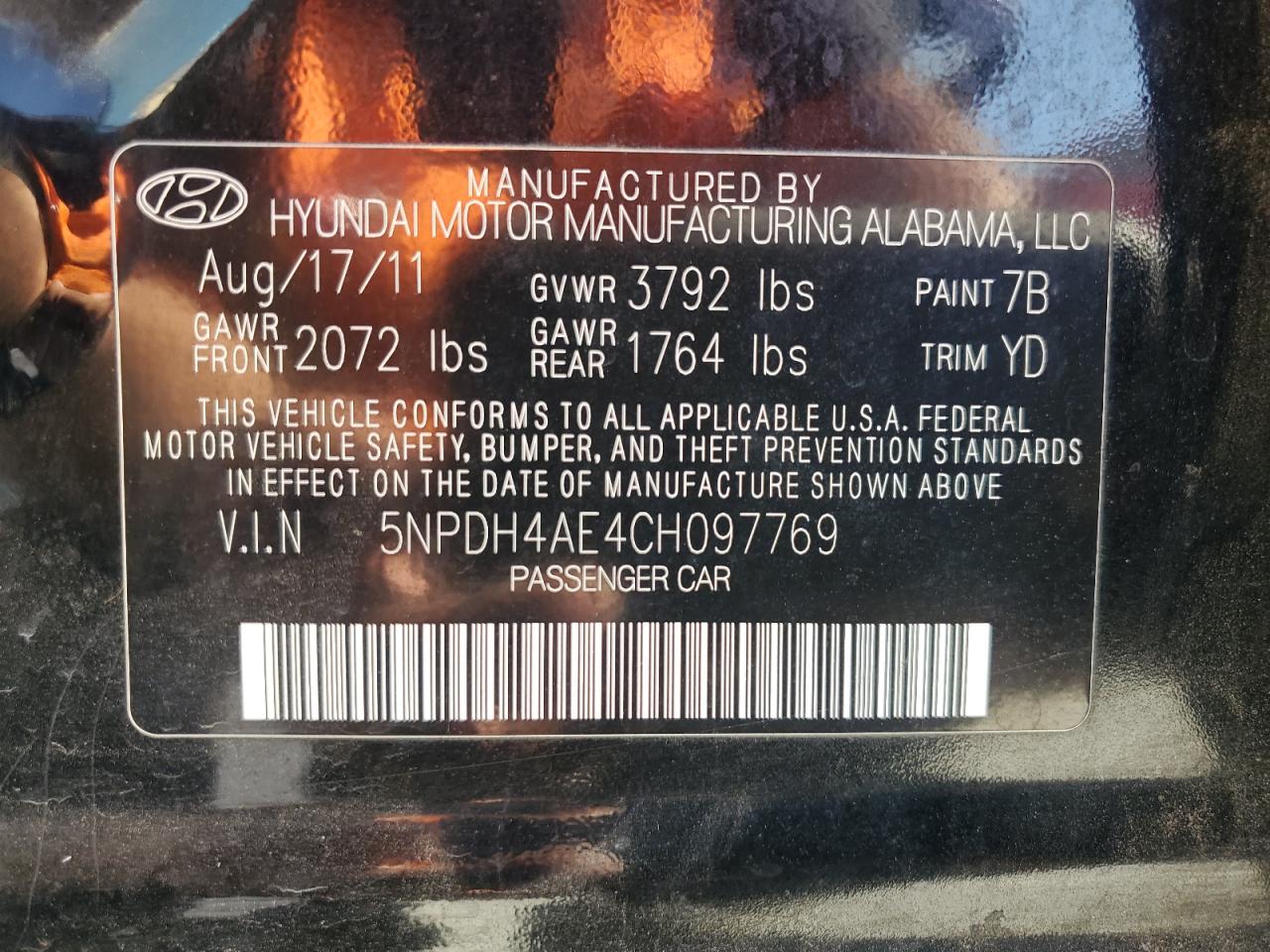 2012 Hyundai Elantra Gls VIN: 5NPDH4AE4CH097769 Lot: 67126564