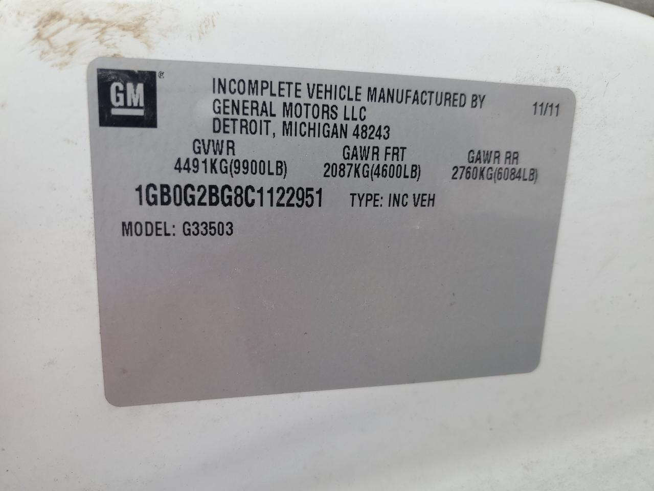 2012 Chevrolet Express G3500 VIN: 1GB0G2BG8C1122951 Lot: 70002884