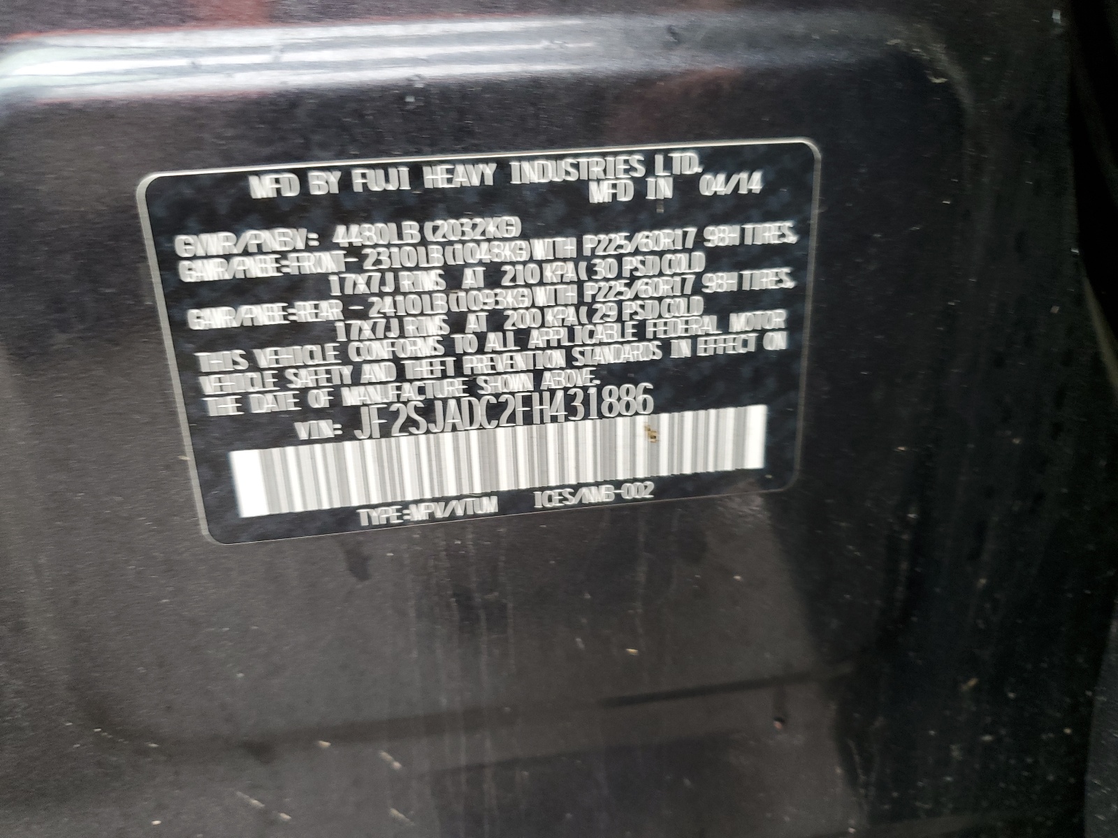 JF2SJADC2FH431886 2015 Subaru Forester 2.5I Premium