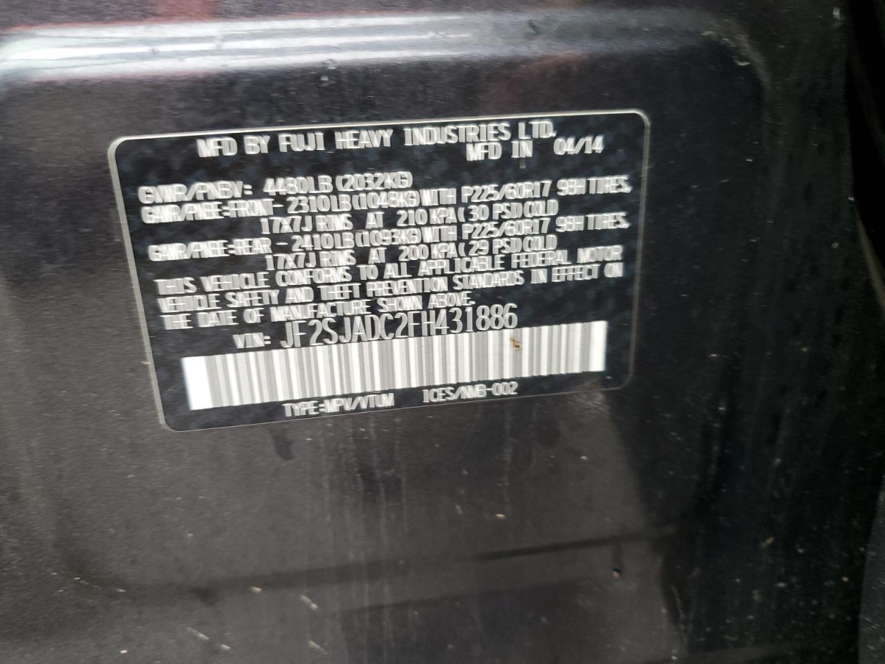 2015 Subaru Forester 2.5I Premium VIN: JF2SJADC2FH431886 Lot: 66318034