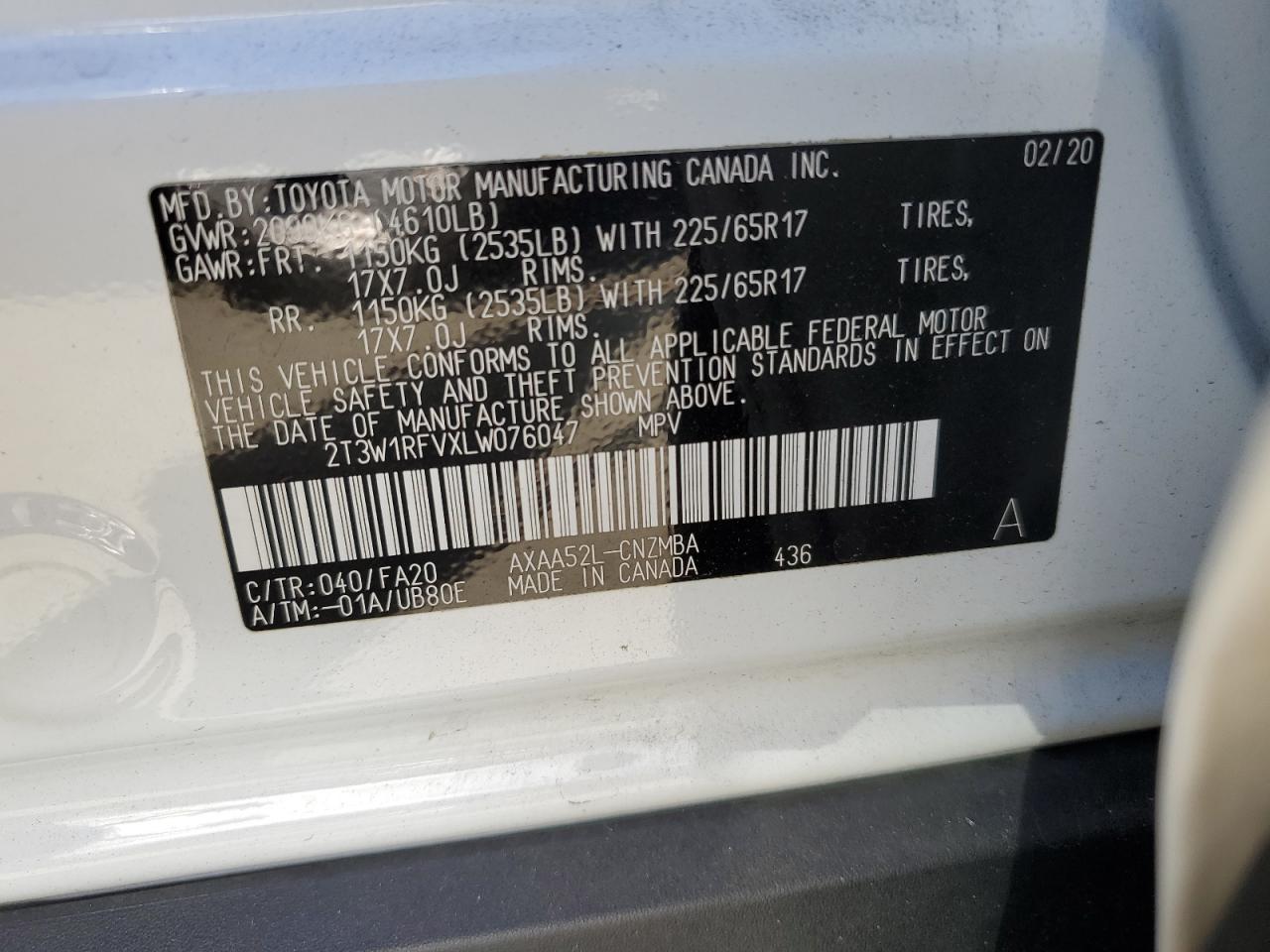 2T3W1RFVXLW076047 2020 Toyota Rav4 Xle