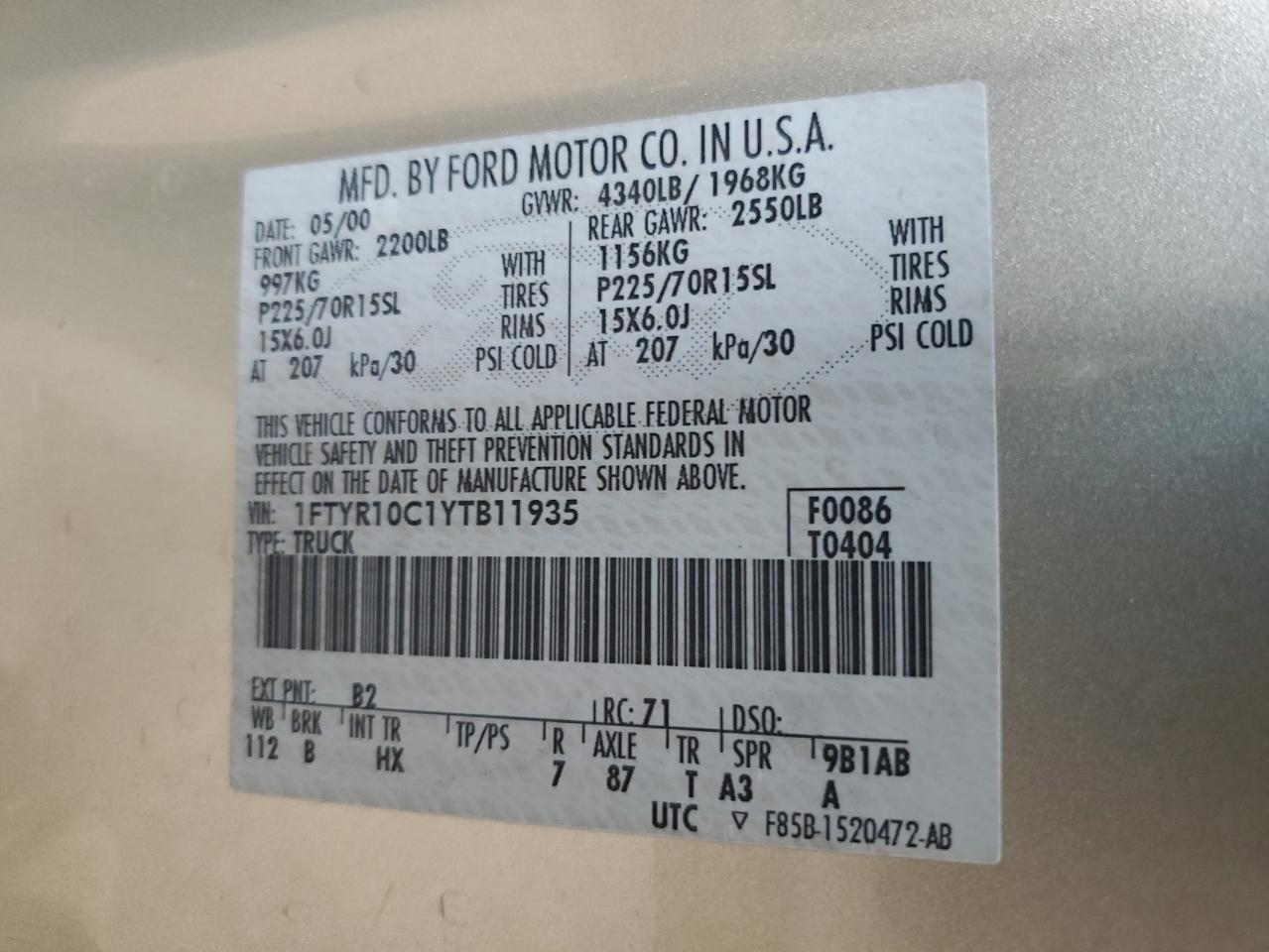 2000 Ford Ranger VIN: 1FTYR10C1YTB11935 Lot: 65839514