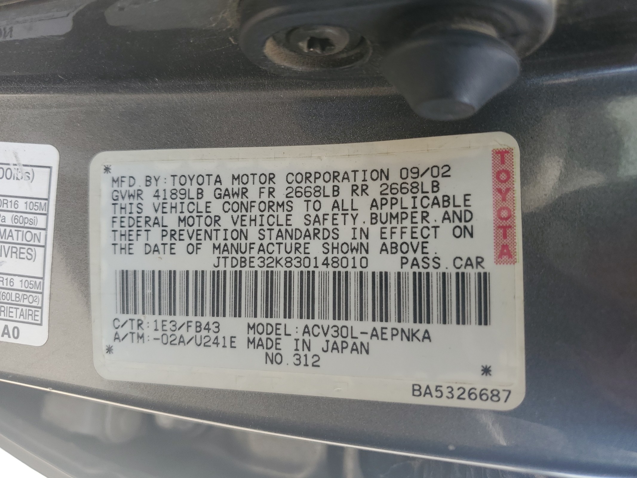 JTDBE32K830148010 2003 Toyota Camry Le