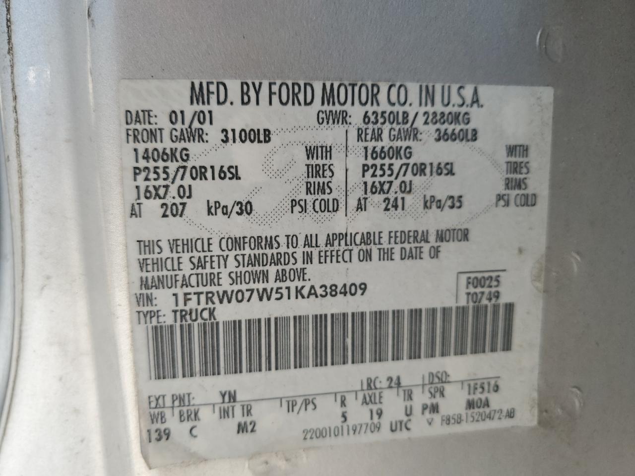 2001 Ford F150 Supercrew VIN: 1FTRW07W51KA38409 Lot: 61543184