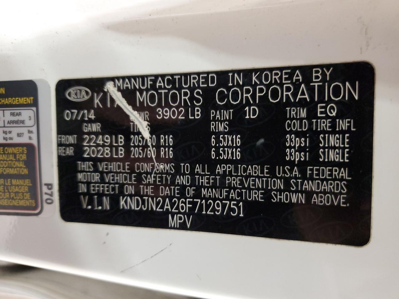 2015 Kia Soul VIN: KNDJN2A26F7129751 Lot: 68114484