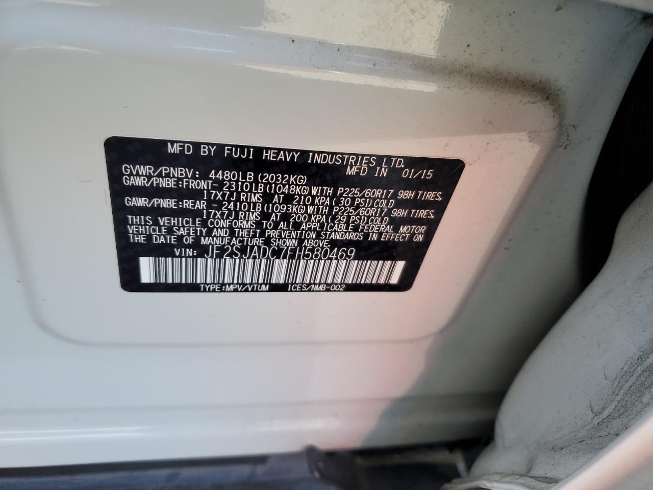 2015 Subaru Forester 2.5I Premium VIN: JF2SJADC7FH580469 Lot: 66149504