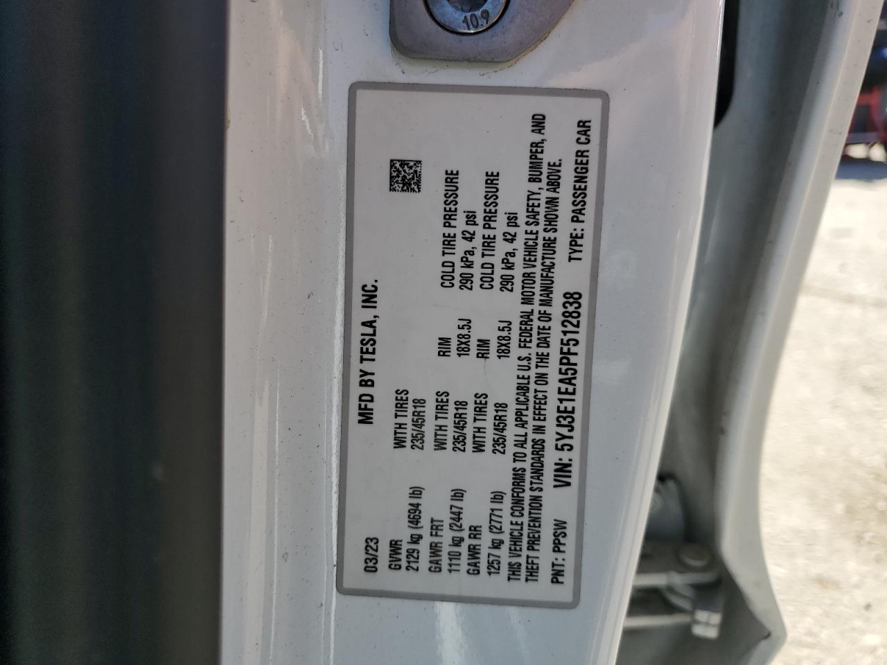 5YJ3E1EA5PF512838 2023 Tesla Model 3