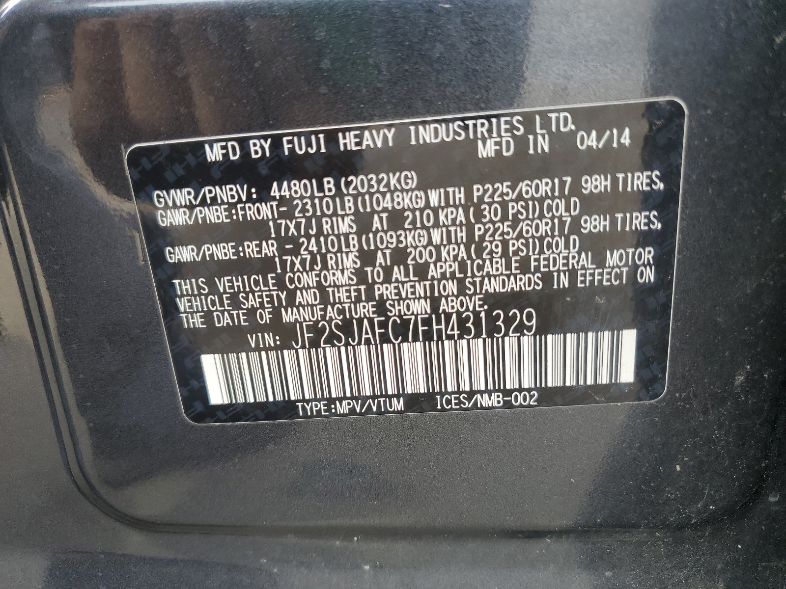JF2SJAFC7FH431329 2015 Subaru Forester 2.5I Premium