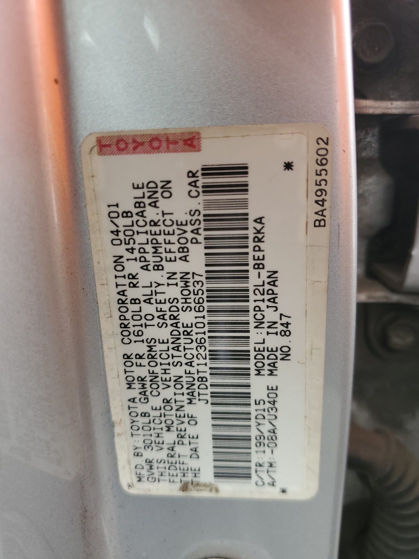 JTDBT123610166537 2001 Toyota Echo