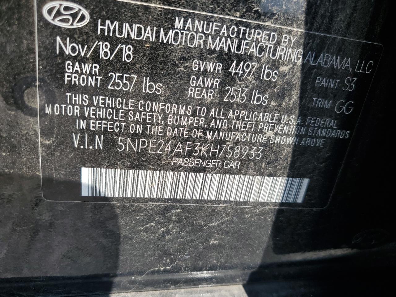 5NPE24AF3KH758933 2019 Hyundai Sonata Se