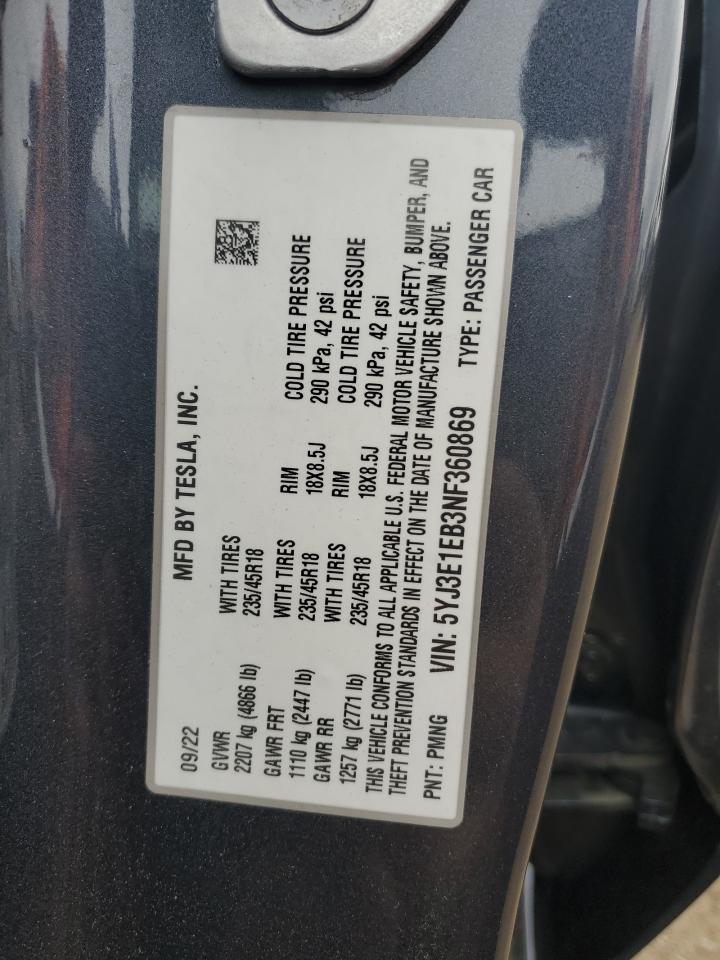 5YJ3E1EB3NF360869 2022 Tesla Model 3