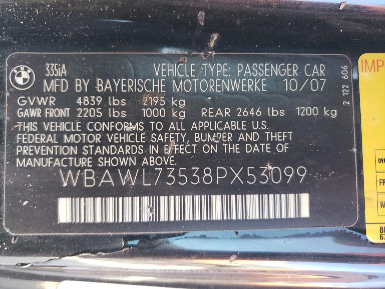 2008 BMW 335 I VIN: WBAWL73538PX53099 Lot: 67277204