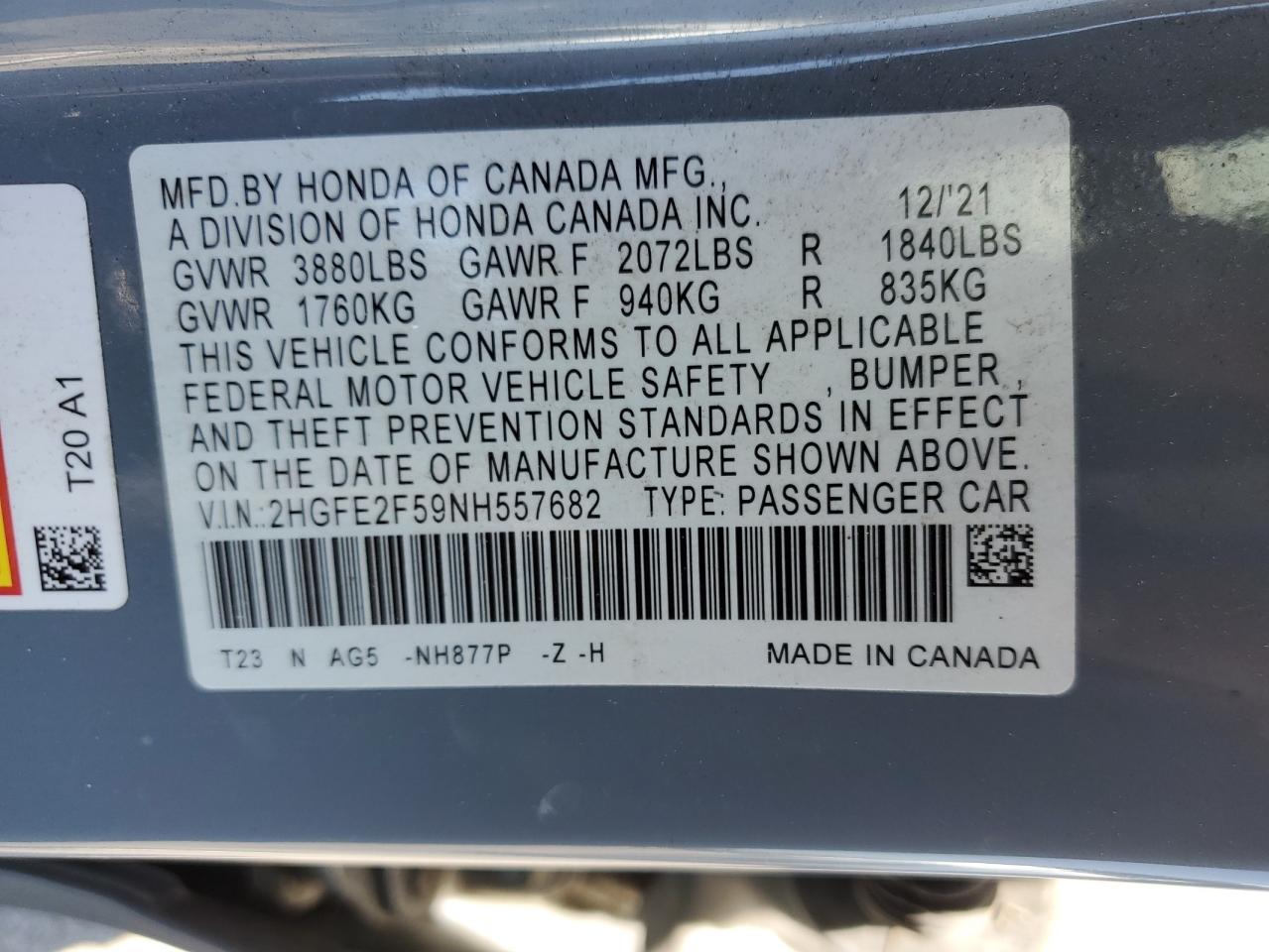 2HGFE2F59NH557682 2022 Honda Civic Sport