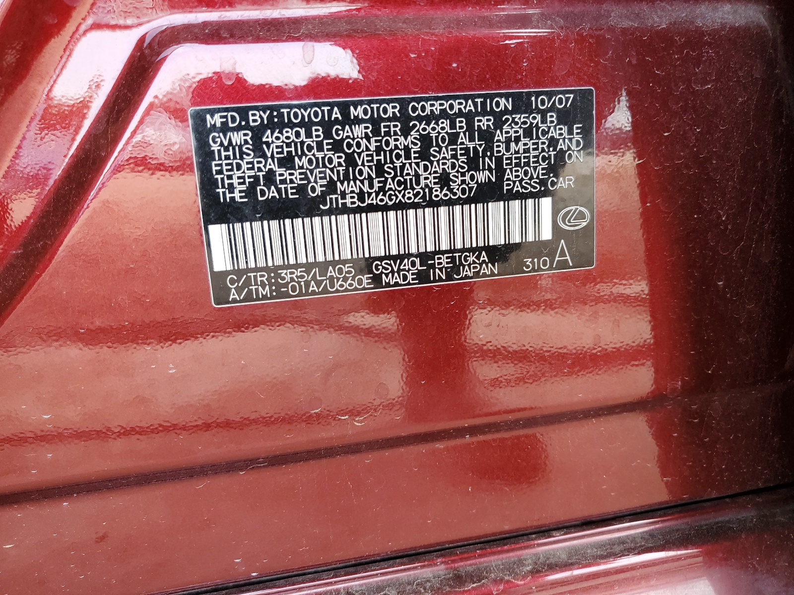 JTHBJ46GX82186307 2008 Lexus Es 350