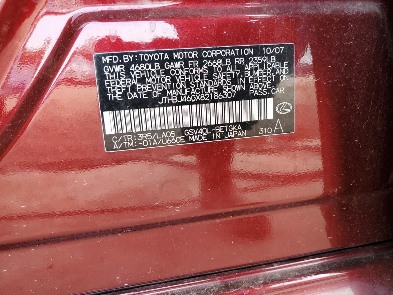 2008 Lexus Es 350 VIN: JTHBJ46GX82186307 Lot: 65713204