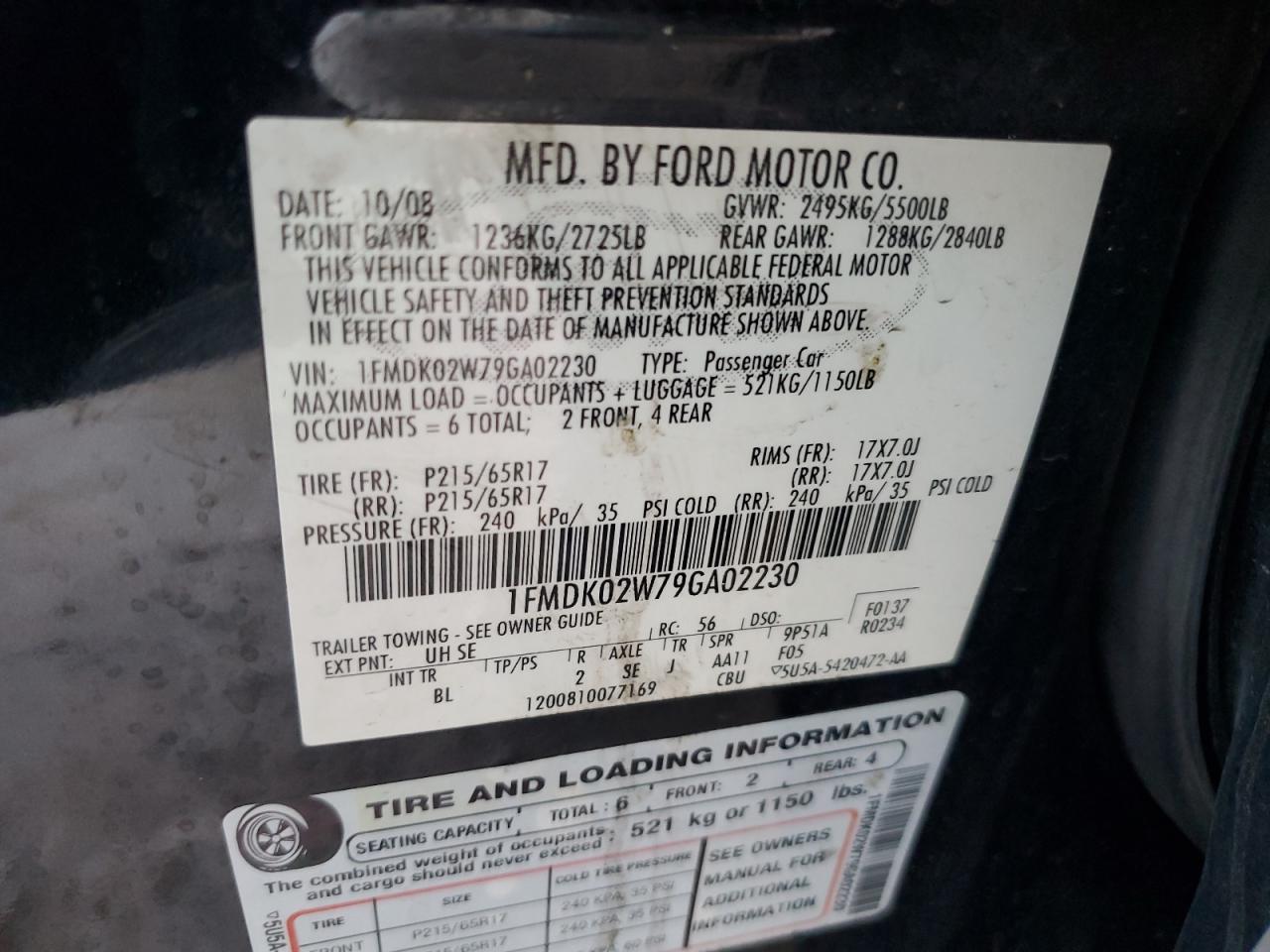 2009 Ford Taurus X Sel VIN: 1FMDK02W79GA02230 Lot: 67133154