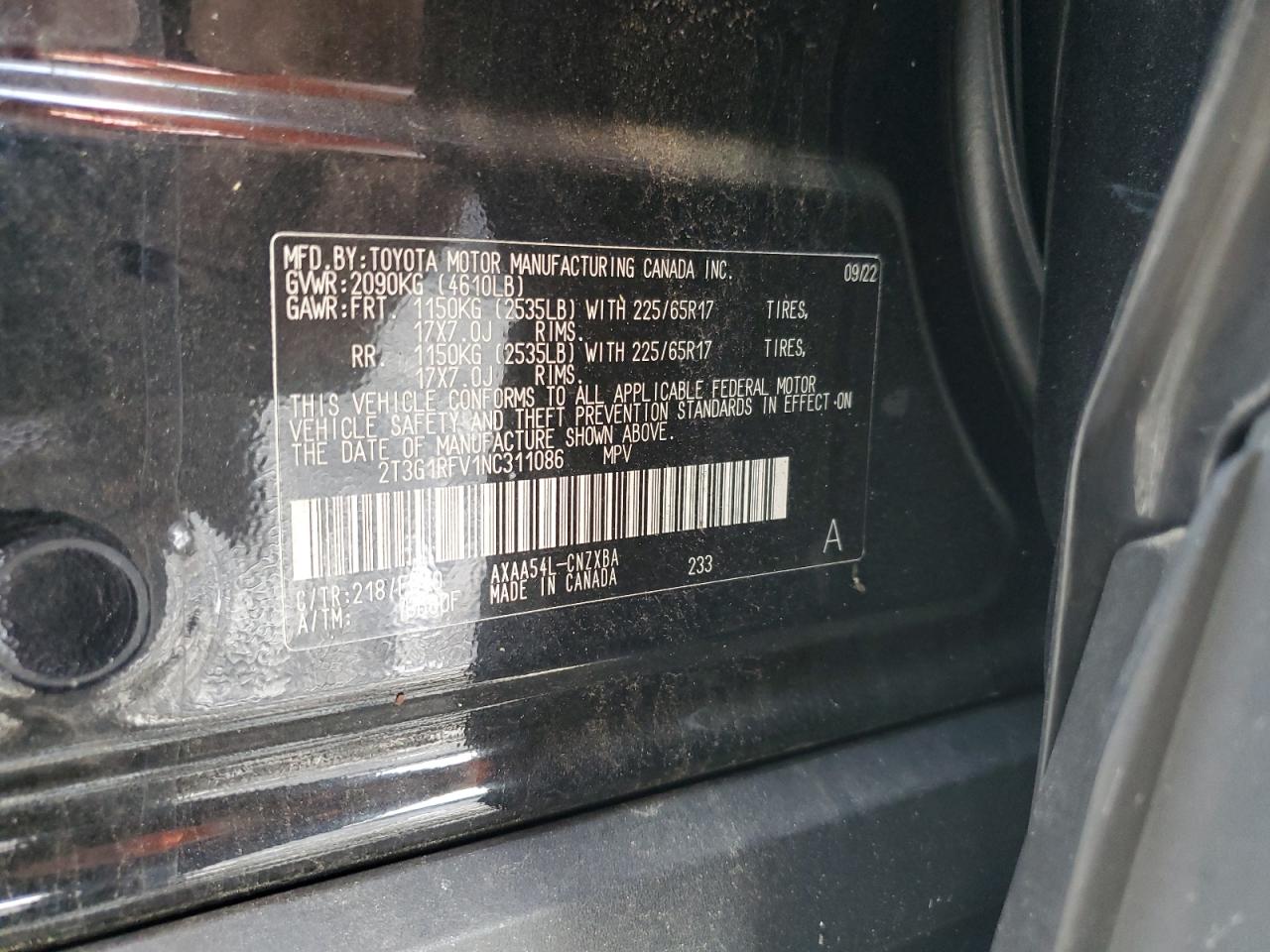 2T3G1RFV1NC311086 2022 Toyota Rav4 Le