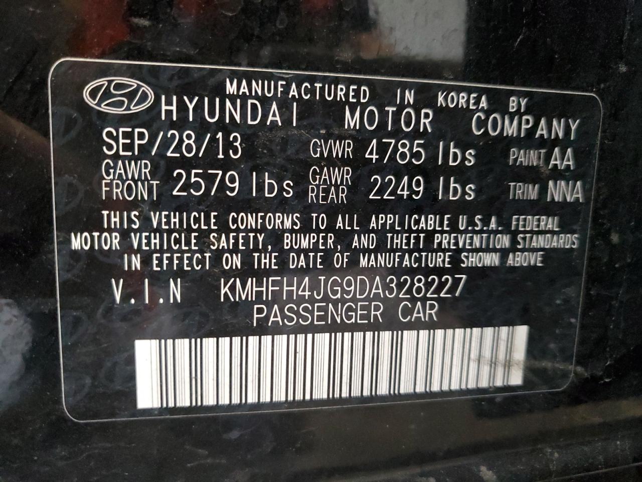 2013 Hyundai Azera Gls VIN: KMHFH4JG9DA328227 Lot: 65059804