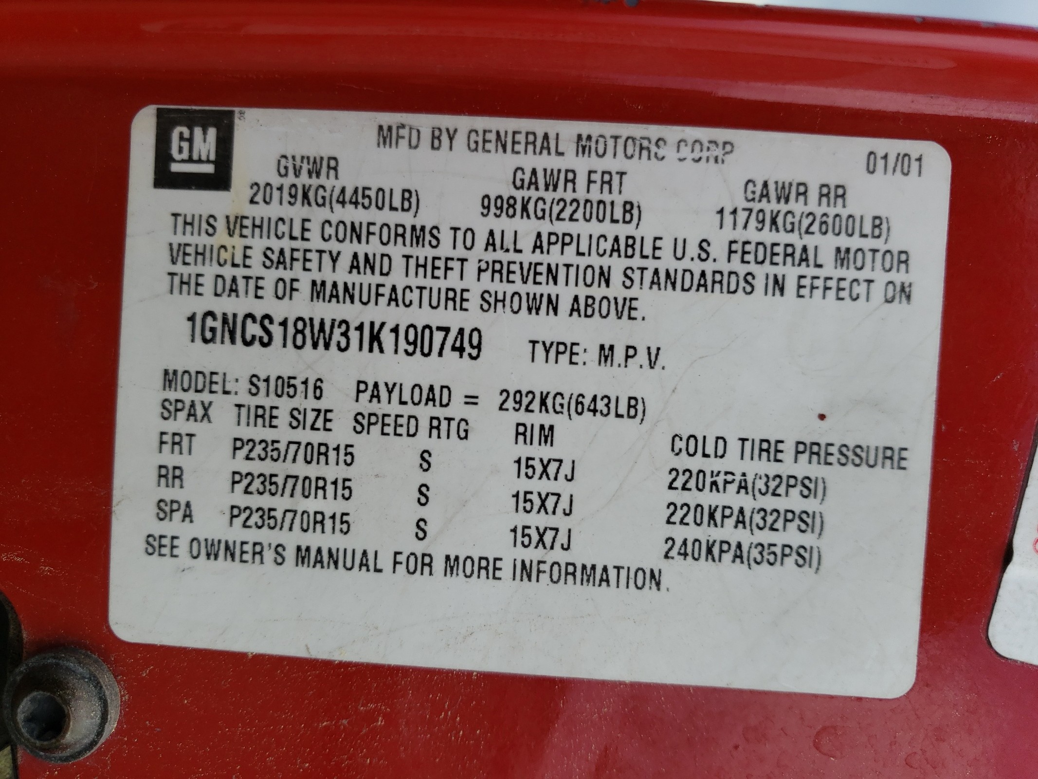 1GNCS18W31K190749 2001 Chevrolet Blazer