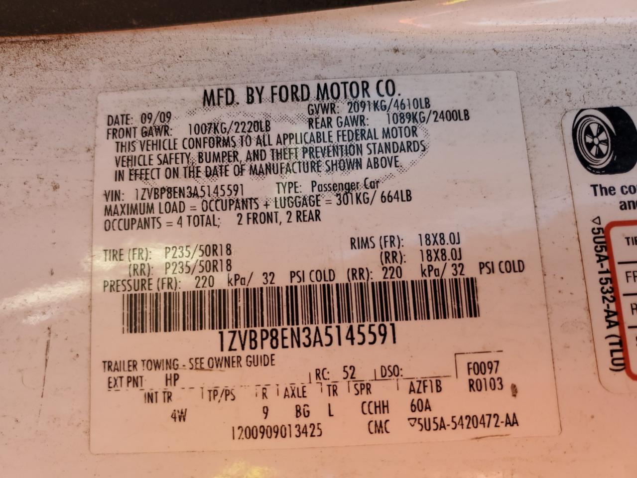 2010 Ford Mustang VIN: 1ZVBP8EN3A5145591 Lot: 67040234