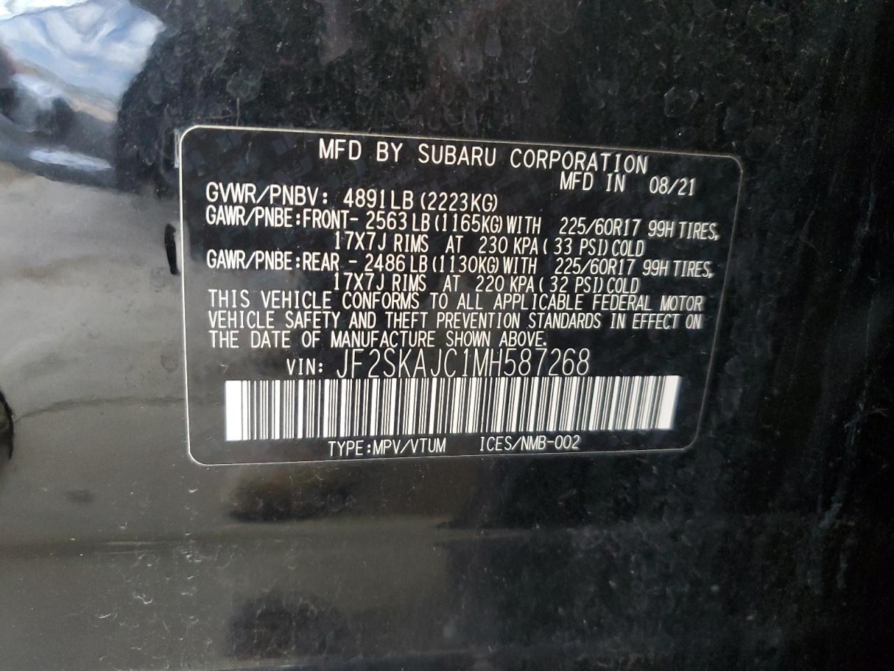 2021 Subaru Forester Premium VIN: JF2SKAJC1MH587268 Lot: 64636074